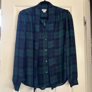 J. Crew Black Watch Plaid Long-Sleeve Bow Top size small
